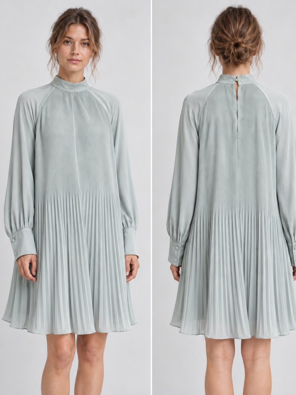 H&M Sage Green Pleated Long Sleeve Mock Neck Swing Mini Dress XL